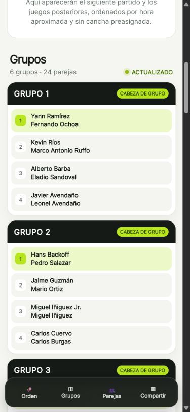 Interfaz móvil de TennisChella 2026 mostrando los grupos del torneo